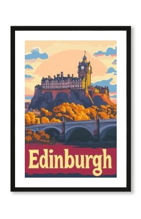 This vintage travel poster captures the majestic skyline of Edinburgh, showcasing historic buildings against a vibrant sunset. The iconic clock tower and lush landscapes invite exploration.