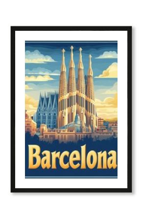 This vintage travel poster captures the essence of Barcelona, showcasing the magnificent architecture and famous landmarks. The vibrant illustration transports viewers to a historical era.