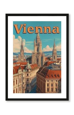 Immerse yourself in the charm of Vienna, where majestic architecture meets a lively atmosphere. This vintage travel poster showcases the citys iconic spires and rooftops.