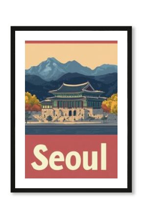 This vintage travel poster showcases a beautiful palace in Seoul, framed by majestic mountains and vibrant autumn colors, capturing the essence of the citys rich heritage.