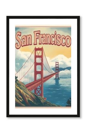This vintage travel poster highlights the iconic Golden Gate Bridge, with scenic views of the bay and dramatic clouds, inviting exploration of San Francisco.