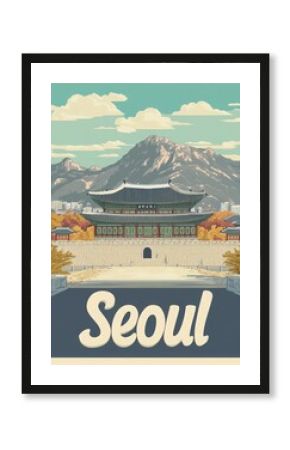 This vintage travel poster highlights Seouls iconic architecture and majestic mountains, capturing the citys essence and cultural vibrancy through retro art.