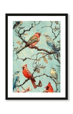 Colorful Birds on Branches with Flowers and Butterfly