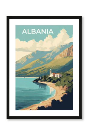 Coast and mountains in Albania, vintage travel poster of this country