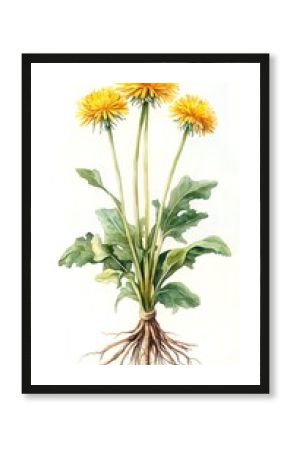 Watercolor illustration of a dandelion plant with three yellow flowers and roots.