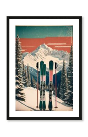 Retro inspired ski resort vacation poster featuring scenic mountains and vintage ski equipment. Generative AI