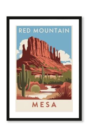 Vintage Travel Poster of Red Mountain, Mesa - Captivating Southwestern Landscape with Iconic Rock Formations and Lush Desert Flora