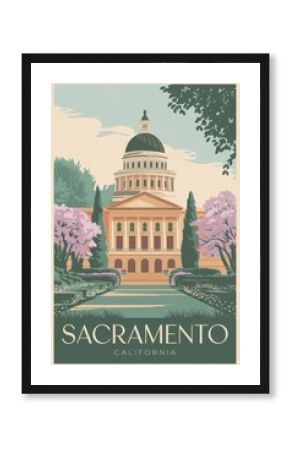 Vintage Travel Poster: Sacramento, California - Captivating Capitol Building Surrounded by Lush Gardens and Blossoming Trees, Evoking Nostalgia and Adventure