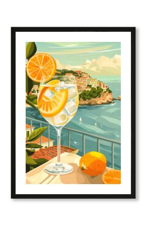 refreshing cocktail design, digital artwork featuring a limoncello spritz cocktail on a table against an italian coastal landscape in a vintage poster style with bright citrus colors