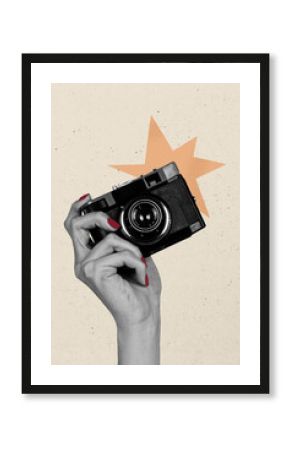 Vertical photo collage of hand hold retro camera device flash cadre photo shoot vintage instant paparazzi isolated on painted background