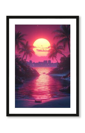 Retro neon romance. Neon sunset with palm trees over water. 80s futuristic landscape concept.