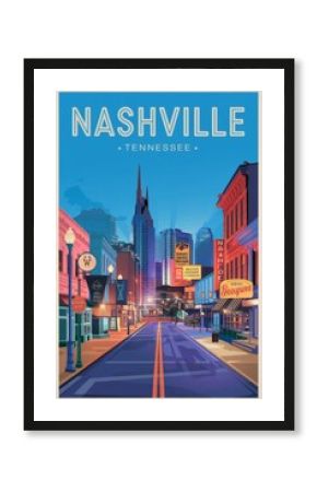 Vintage Travel Poster: Explore the Vibrant Cityscape of Nashville, Tennessee - Iconic Buildings, Neon Lights, and Classic Southern Charm Await!