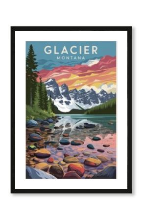 Vintage Travel Poster of Glacier National Park, Montana: Stunning Landscape with Majestic Mountains, Colorful Sunset, and Serene Lake Reflections.
