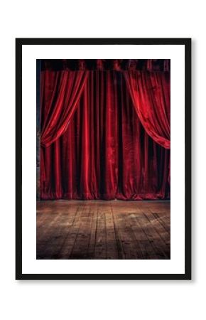 vertical banner, world theater day, red open wings in the spotlight, old empty theater stage, mysterious and magical atmosphere, copy space, free space for text