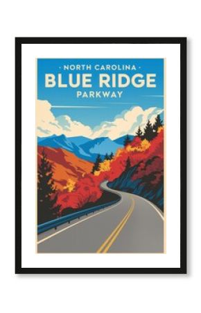Vintage Travel Poster: Scenic North Carolina Blue Ridge Parkway - Serene Autumn Landscape with Winding Road and Majestic Mountains