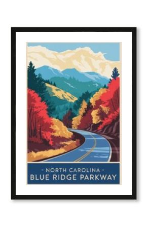 Vintage Travel Poster of North Carolinas Blue Ridge Parkway: Scenic Autumn Landscape with Winding Road and Majestic Mountains in Warm Hues