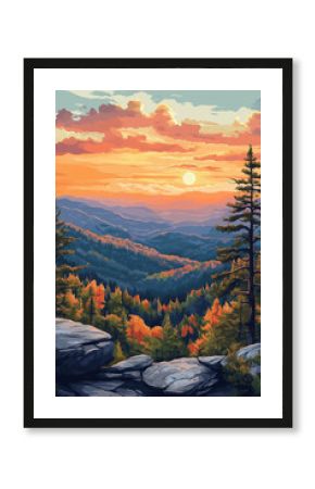 Beautiful sunset view of shenandoah national park illustration. Travel poster landscape