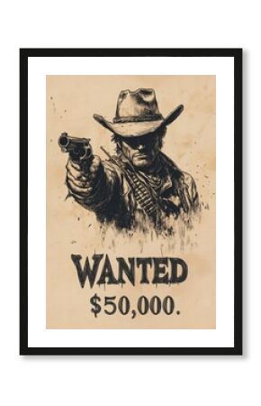Vintage Wanted Poster Art of a Cowboy with a Reward of $50,000