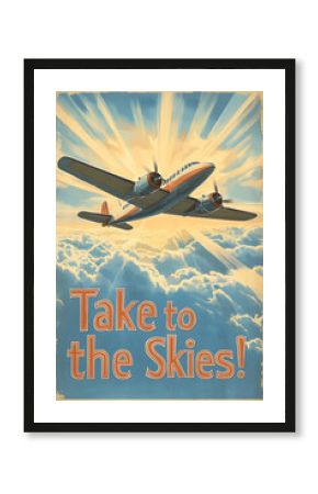 Retro style travelling poster featuring an illustration of a plane in the skies 