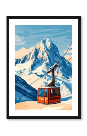 vector poster of in the style of vintage travel posters, with snowy mountains and cable car, blue sky, 