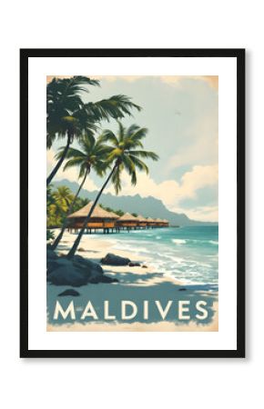 Maldives poster illustration, travel decor gift paper canvas wall retro art.