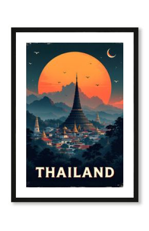 Thailand poster illustration, travel decor gift paper canvas wall retro art. 