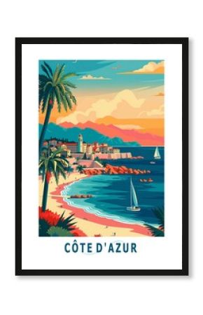 France, Cote Azur town illustrated poster in retro style. Vintage French Riviera travel booklet, brochure, postcard, print, cover with seaside, coastline, town