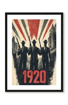 Three silhouetted figures dressed in 1920s attire hold guns against a backdrop of vintage architecture. Their posture suggests a sense of vigilance, evoking a classic mobster aesthetic.