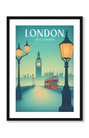 Retro London poster with Big Ben and red bus