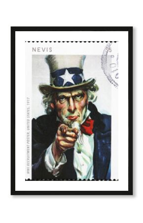 American recruitment poster for World War I on postage stamp