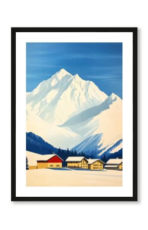 Vintage snow-capped moutains travel poster with hotels
