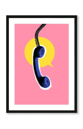 Conceptual artwork featuring floating blue vintage telephone with yellow speech bubble, representing digital communication and networking. Concept of news, information, cooperation