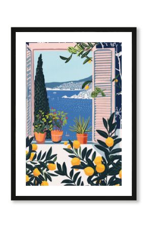 vintage Mediterranean window with lemon poster illustration