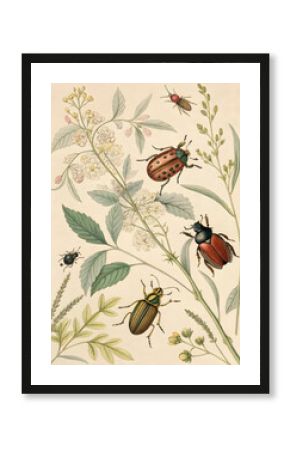 a sheet of antique botanical lithography of the 18 century including bugs and insects vintage poster