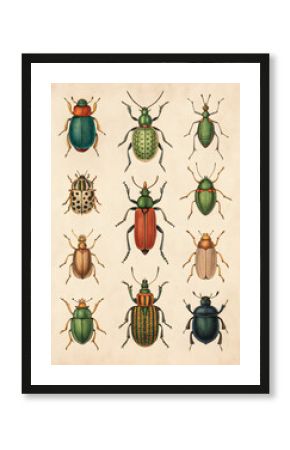a sheet of antique botanical lithography of the 18 century including bugs and insects vintage poster