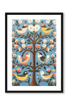 Pattern illustration with birds and flowers