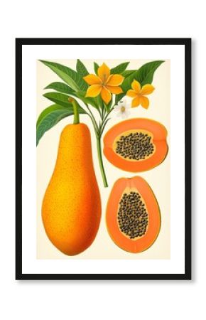 Illustration, papaya fruits and flowers, and leaves of ripe fruits in a section in a decorative composition, retro botany vintage poster.