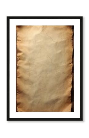 Vintage paper parchment on wooden planks. Ancient blank scroll on wood background. Aged rough beige paper texture. Retro weathered grunge backdrop. Template for wanted poster, pirate map old letter.