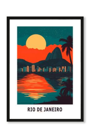 Rio de Janeiro, Brazil illustrated poster in retro style. Vintage travel booklet, postcard, print, cover with scenic skyline, coastline, shore