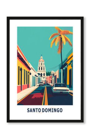 Santo Domingo, Dominican Republic illustrated poster in retro style. Vintage travel booklet, brochure, postcard, print, cover with street view, skyline, panorama