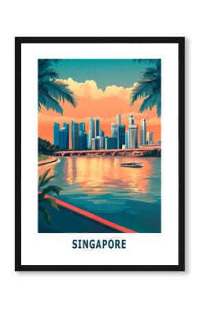 Singapore illustrated poster in retro style. Vintage travel booklet, postcard, print, cover with urban skyline, landmarks, waterfront