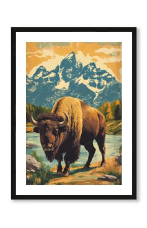 vintage poster illustration of an american bison in a mountain landscape, ideal for wildlife-themed decor and branding