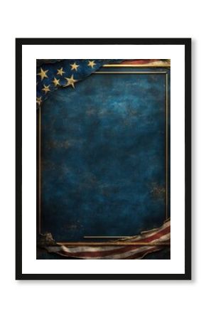 Textured dark blue background with gold American flag design, vintage frame, distressed effect, patriotic theme, empty space