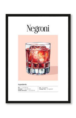 Negroni cocktail with large ice cubes and orange peel garnish in faceted rocks glass. Watercolor illustration of gin, Campari and sweet vermouth drink. Design for poster, print, invitation