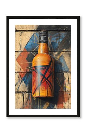 Handpainted glass bottle art against a vibrant graffiti brick wall backdrop.  Bold colors and abstract design create a striking urban aesthetic.