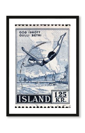 Woman diving in icelandic thermal waters on vintage stamp