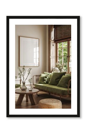 Poster frame mock-up in home interior background with sofa, table and decor in living room, 3d render