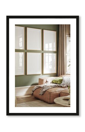 Poster frame mock-up in home interior background, living room in beige tones, 3d render