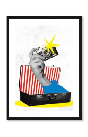 Contemporary art collage. Colorful image of retro photo camera in human hand sticking out from old suitcase.