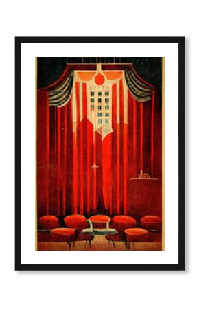Antique theater poster with red curtain, vintage and old school, old style for a large play and many spectators
